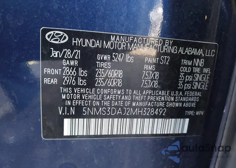 2021 Hyundai Santa Fe Sel из США, поврежденный, VIN 5NMS3DAJ2MH328492